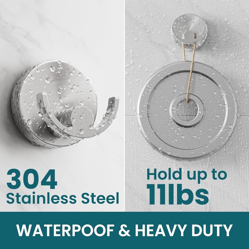Taili 304 Stainless Steel Bathroom Suction Hooks for Towel, Bathrobe, Loofah, Patented Strong Suction Cup Holder, No Damage Hanging Glass Shower Wall Hook, Double-Hook Sleek Design, 2 Pack, Silver - Image 3
